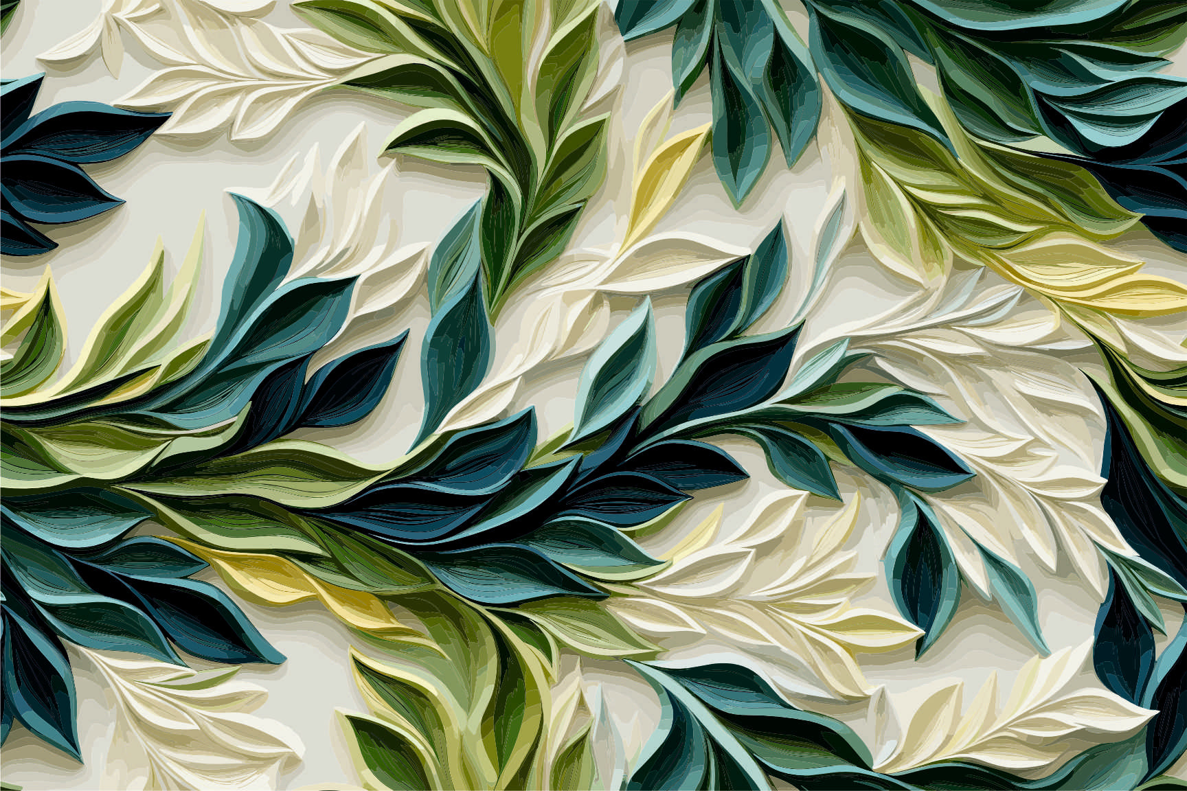 Sculptural Green & Teal Leaves Seamless Pattern - Textured Botanical Design