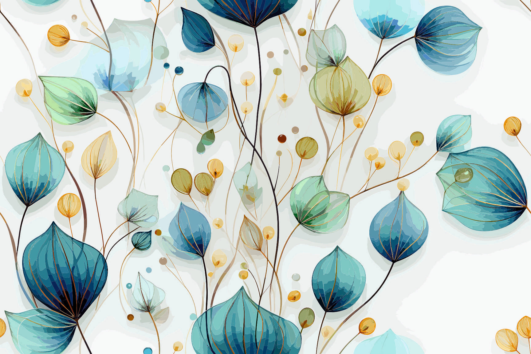 Graceful Watercolor Botanical Seamless Pattern - Blue & Gold Floral Design