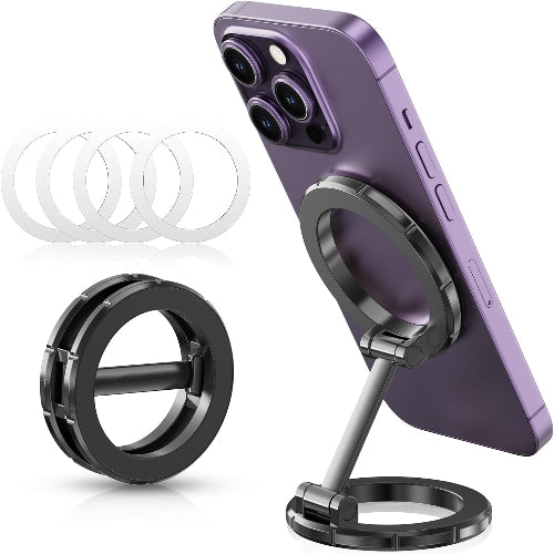 Purple phone with black ring stand and clear film on a white background