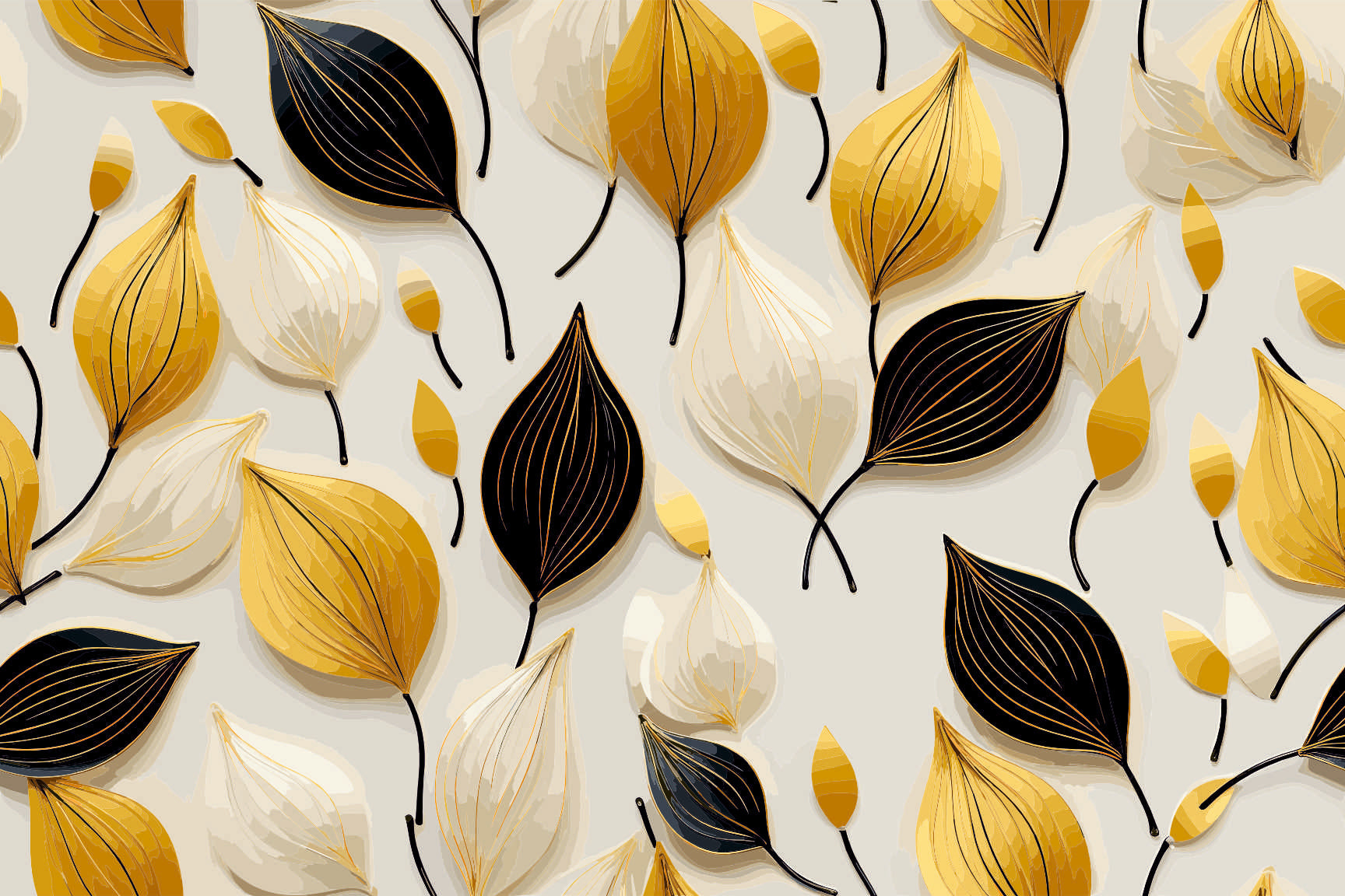 Elegant Gold & Black Leaves Seamless Pattern - Abstract Botanical Design