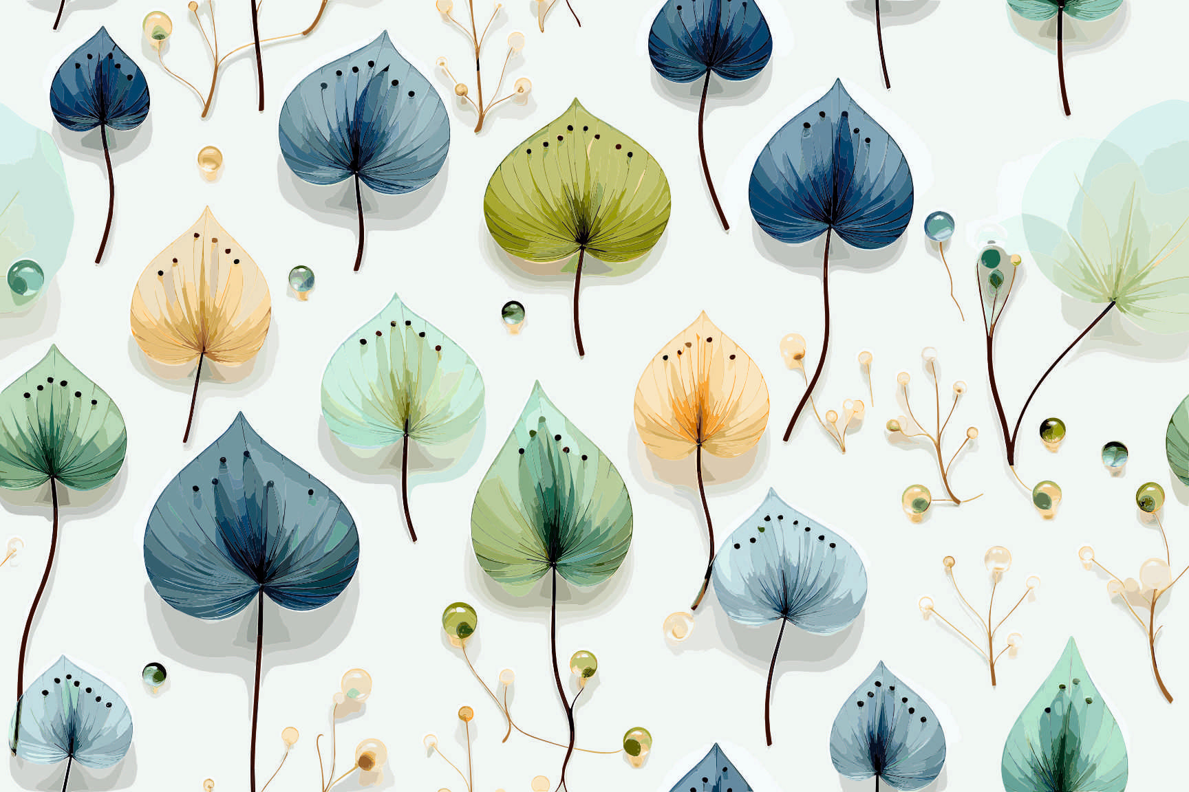 Delicate Watercolor Leaves Seamless Pattern - Blue, Green & Gold Botanical Design