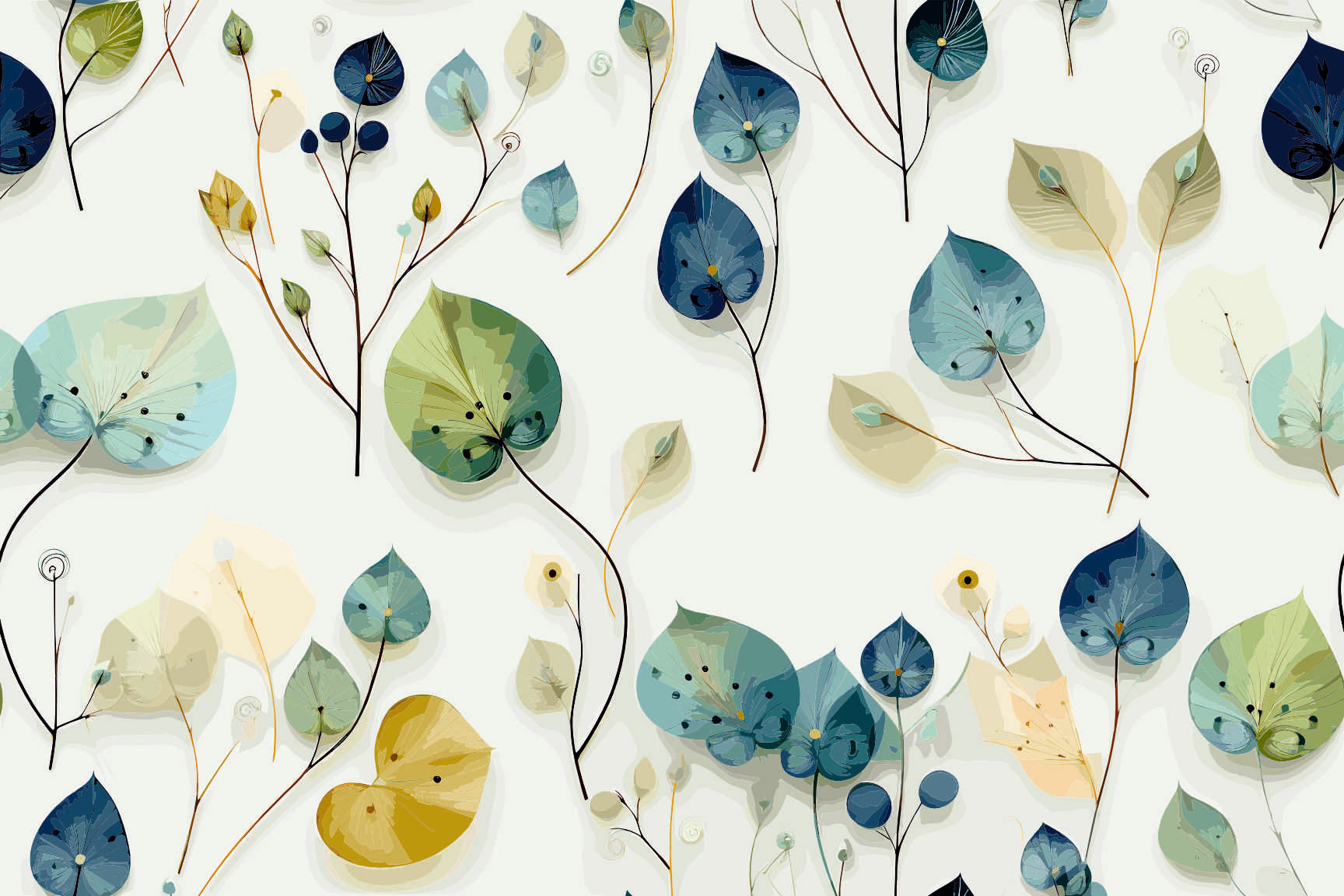Dreamy Watercolor Leaves Seamless Pattern - Blue, Green & Gold Botanical Design