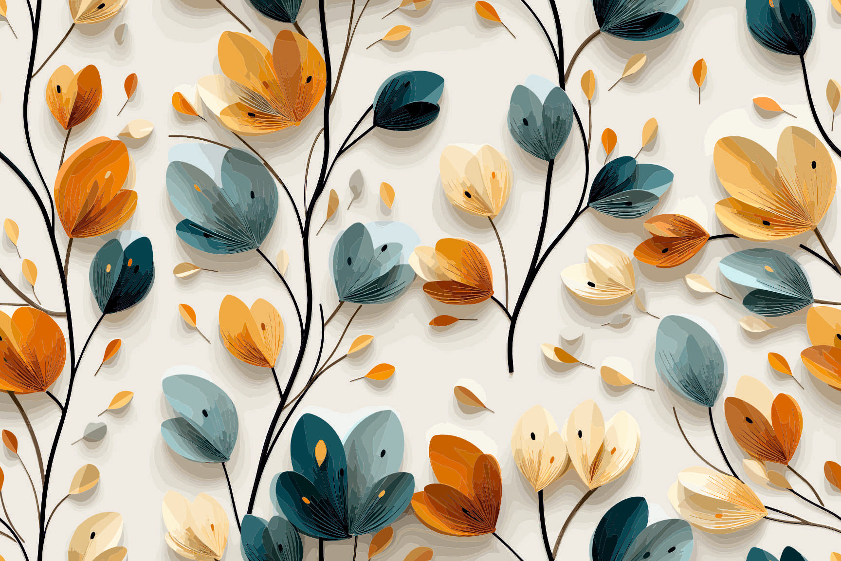 Abstract Fall Blooms Seamless Pattern - Orange, Teal & Beige Leaves & Flowers