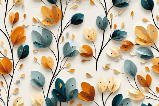 Abstract Fall Blooms Seamless Pattern - Orange, Teal & Beige Leaves & Flowers