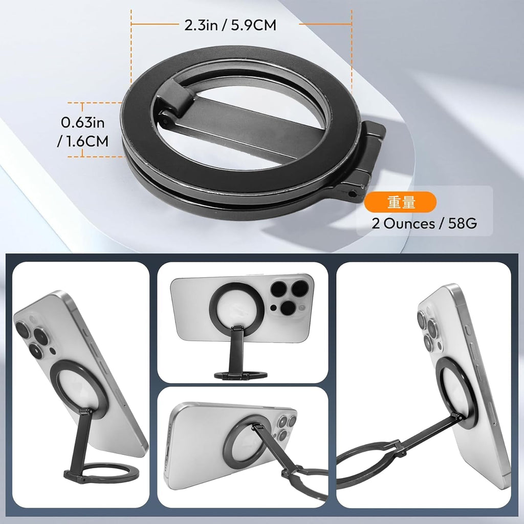 Phone ring stand with dimensions, weight, and usage scenarios on a white background