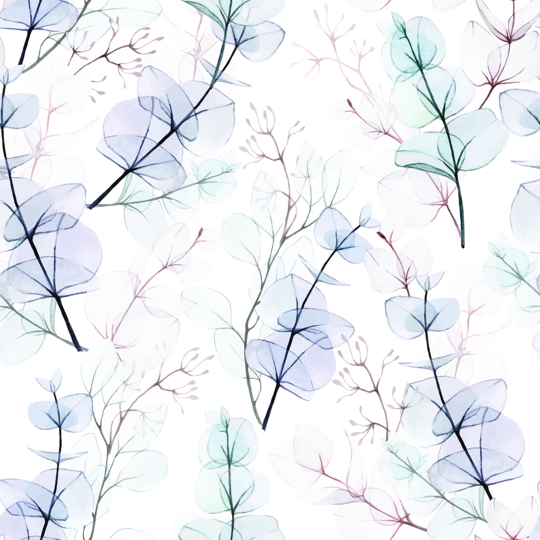 Graceful Watercolor Eucalyptus Seamless Pattern - Transparent Leaves on White