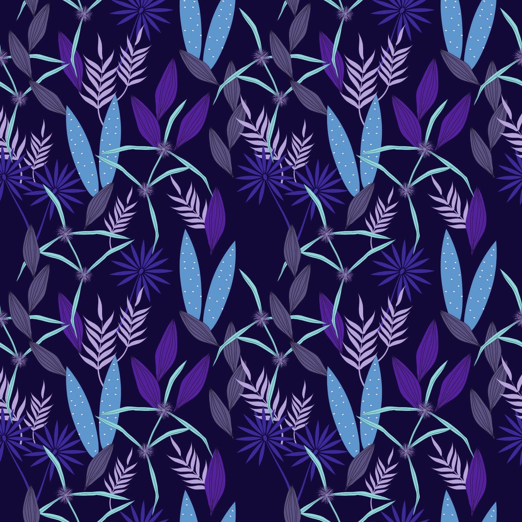 Deep Blue & Purple Floral Seamless Pattern - Abstract Botanical Design