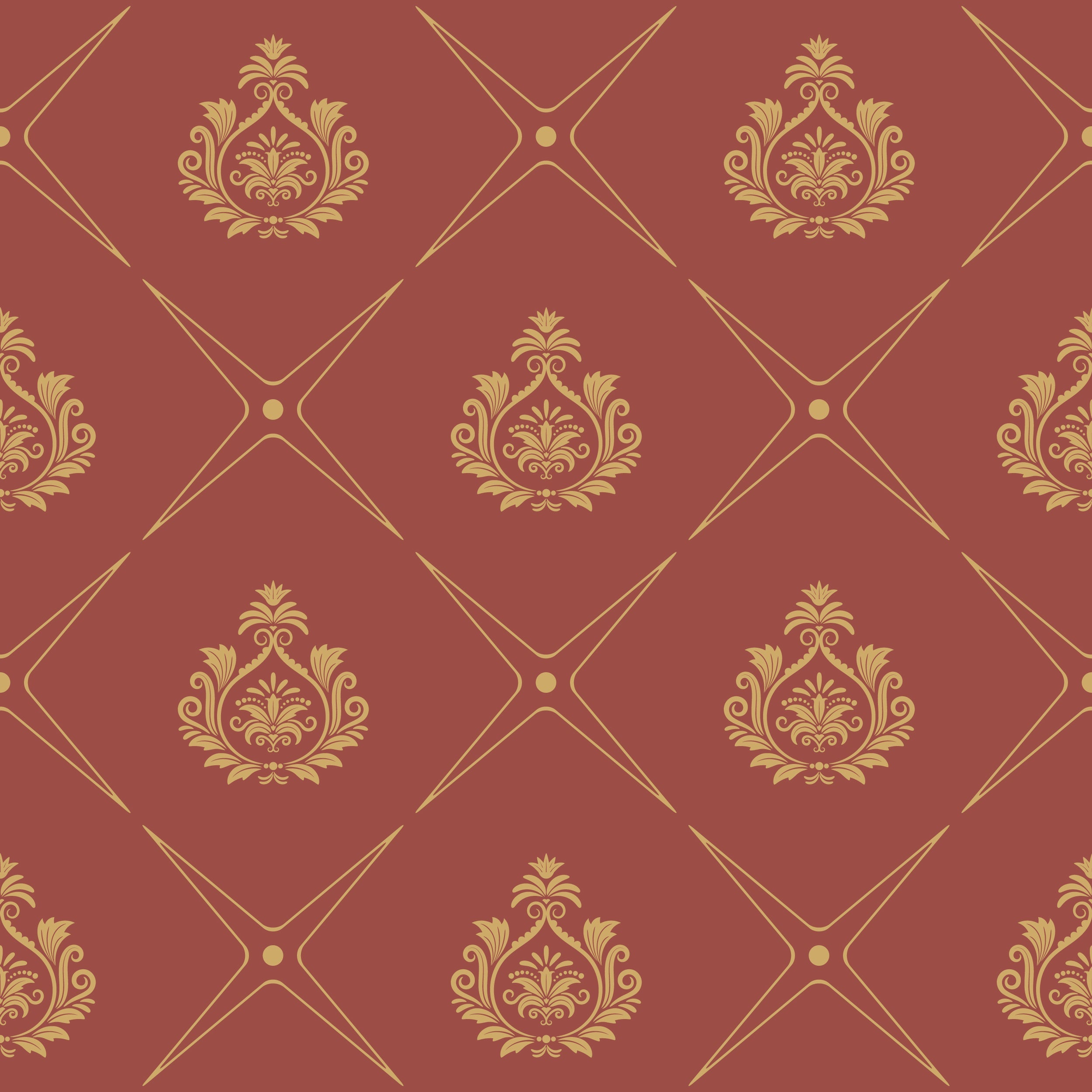Elegant Royal Damask Seamless Pattern - Gold Ornate Design on Red