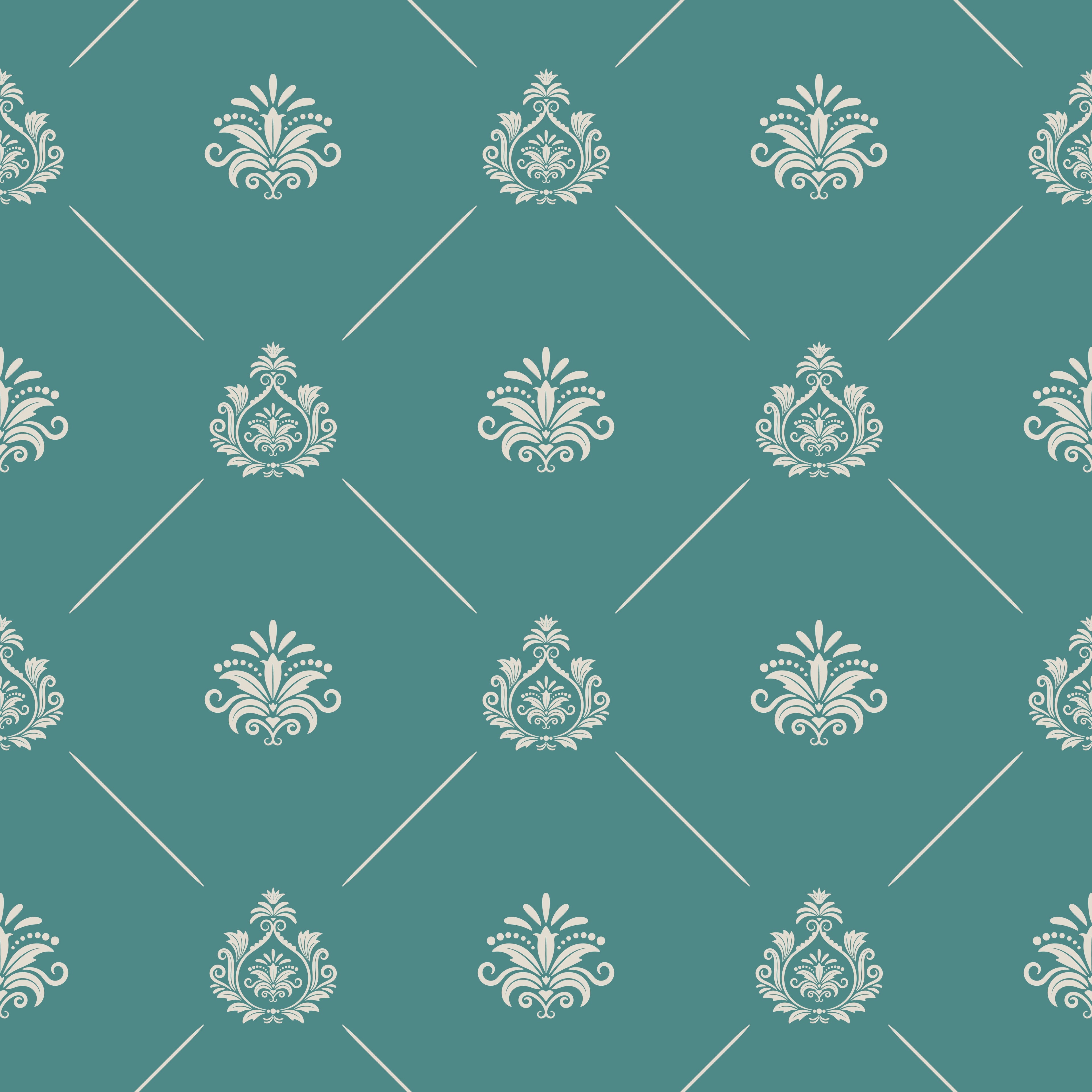 Elegant Royal Damask Seamless Pattern - White Ornate Design on Teal