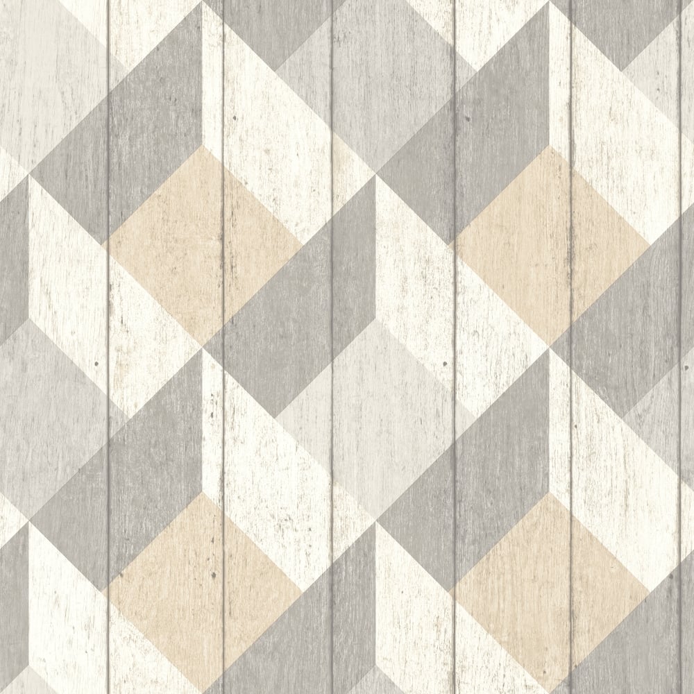 Distressed Wood Geometric Cube Seamless Pattern - Beige, Grey & White