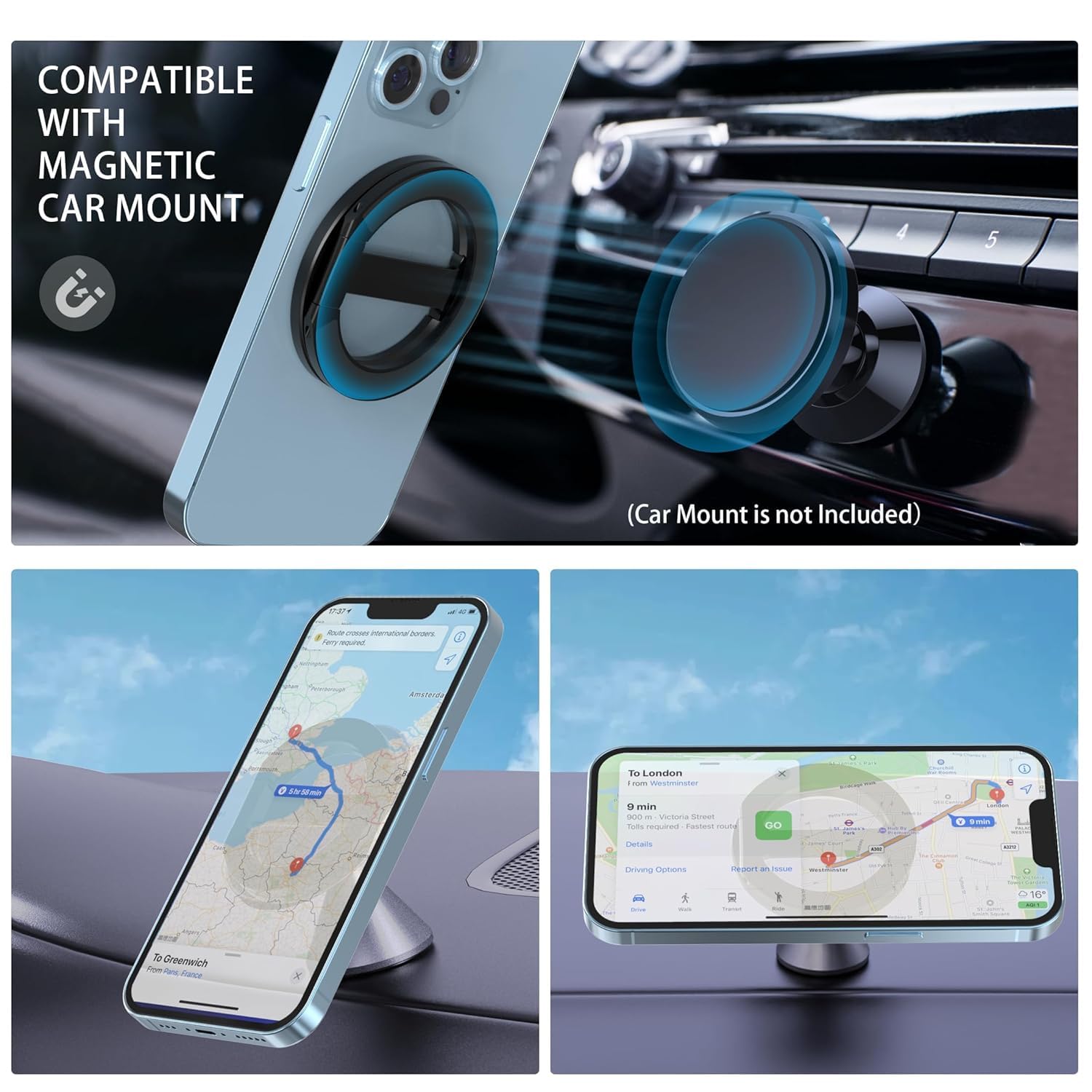 Phone holder compatible with magnetic car mount, shown in a car interior and on a dashboard.