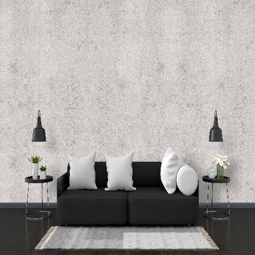 Modern living room with a black sofa, white pillows, and decorative items against a gray concrete wall.
