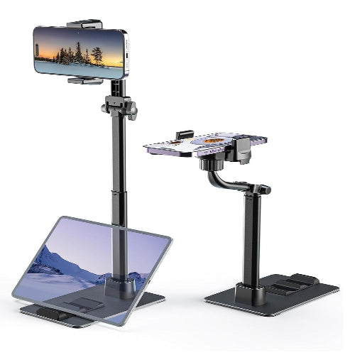 Multi-device stand holding a smartphone, tablet, and camera on a white background
