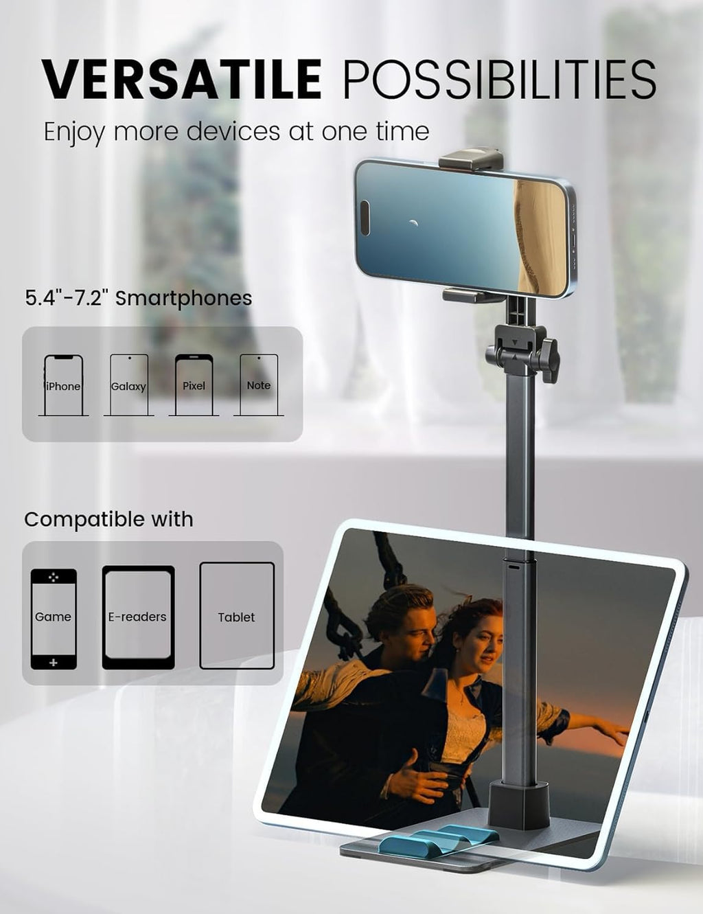 Phone holder with screen magnifier on a stand, compatible with smartphones and tablets.