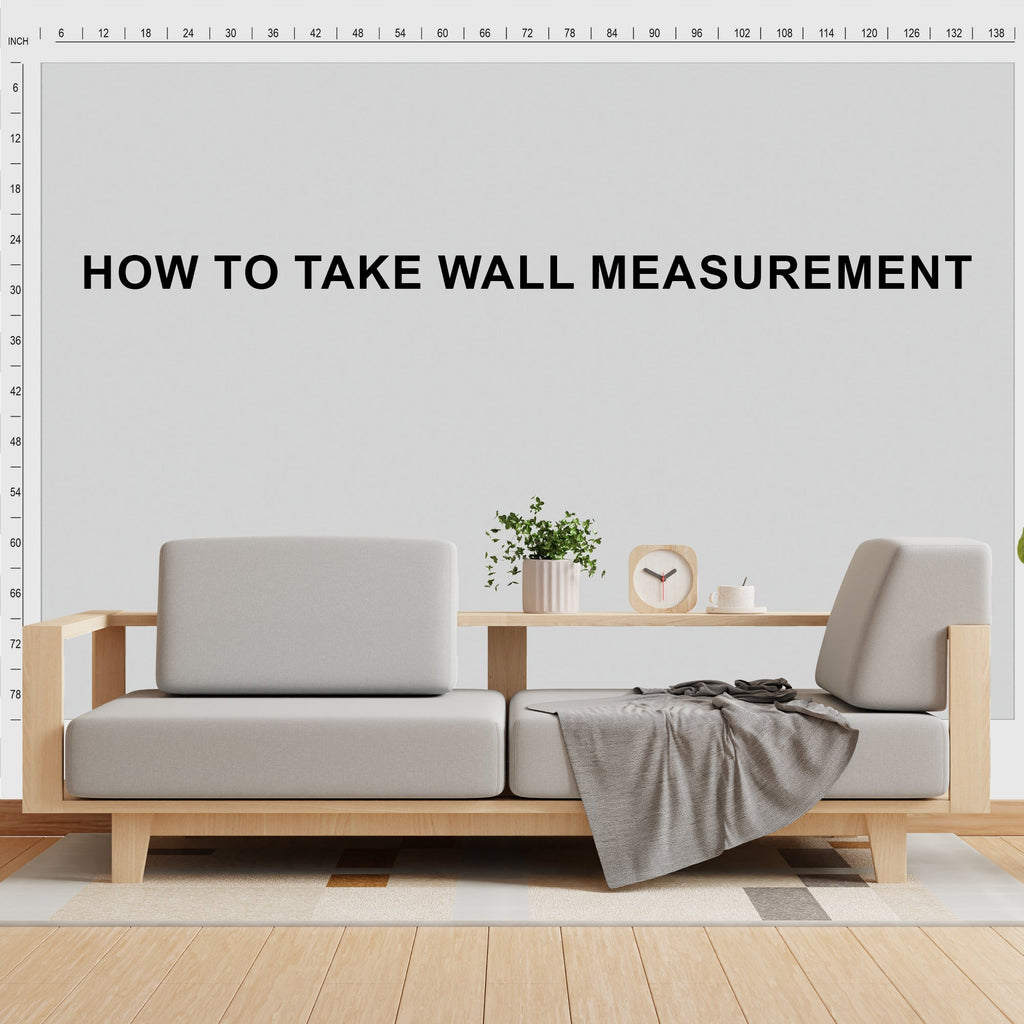 Modern living room with a sofa and wall measurement chart overlay.