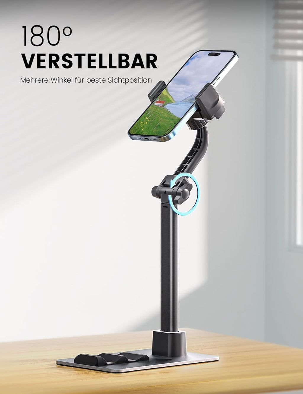 Phone holder on a stand with adjustable design, placed on a wooden surface.