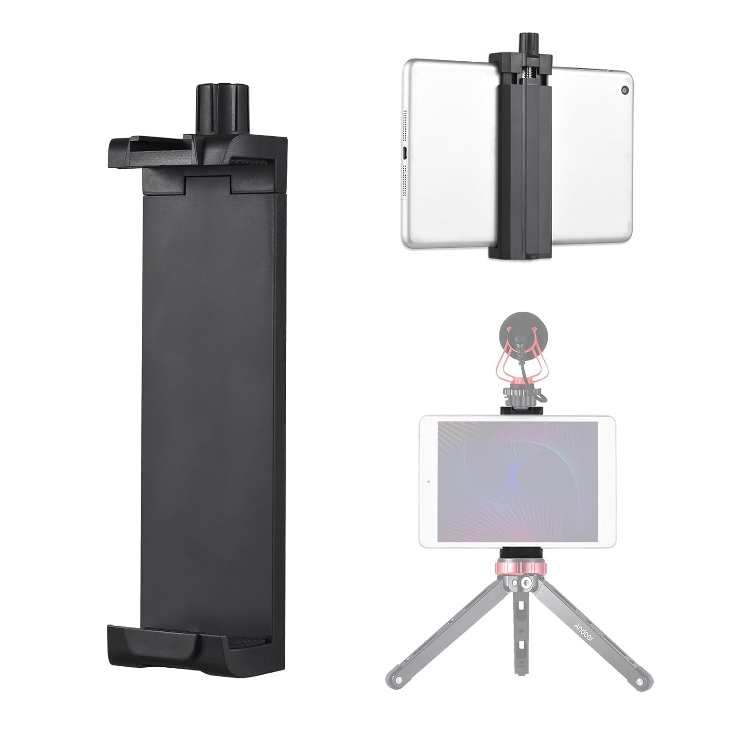 Collapsible phone stand with light and tripod on a white background