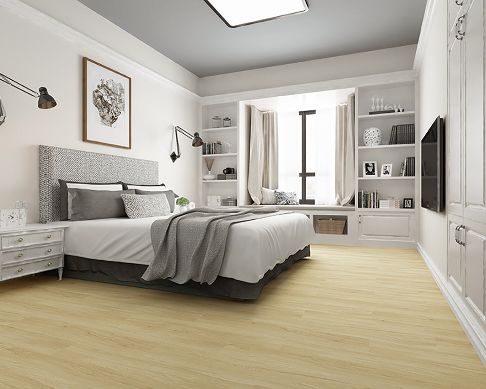 Modern bedroom with a bed, shelves, and a television.