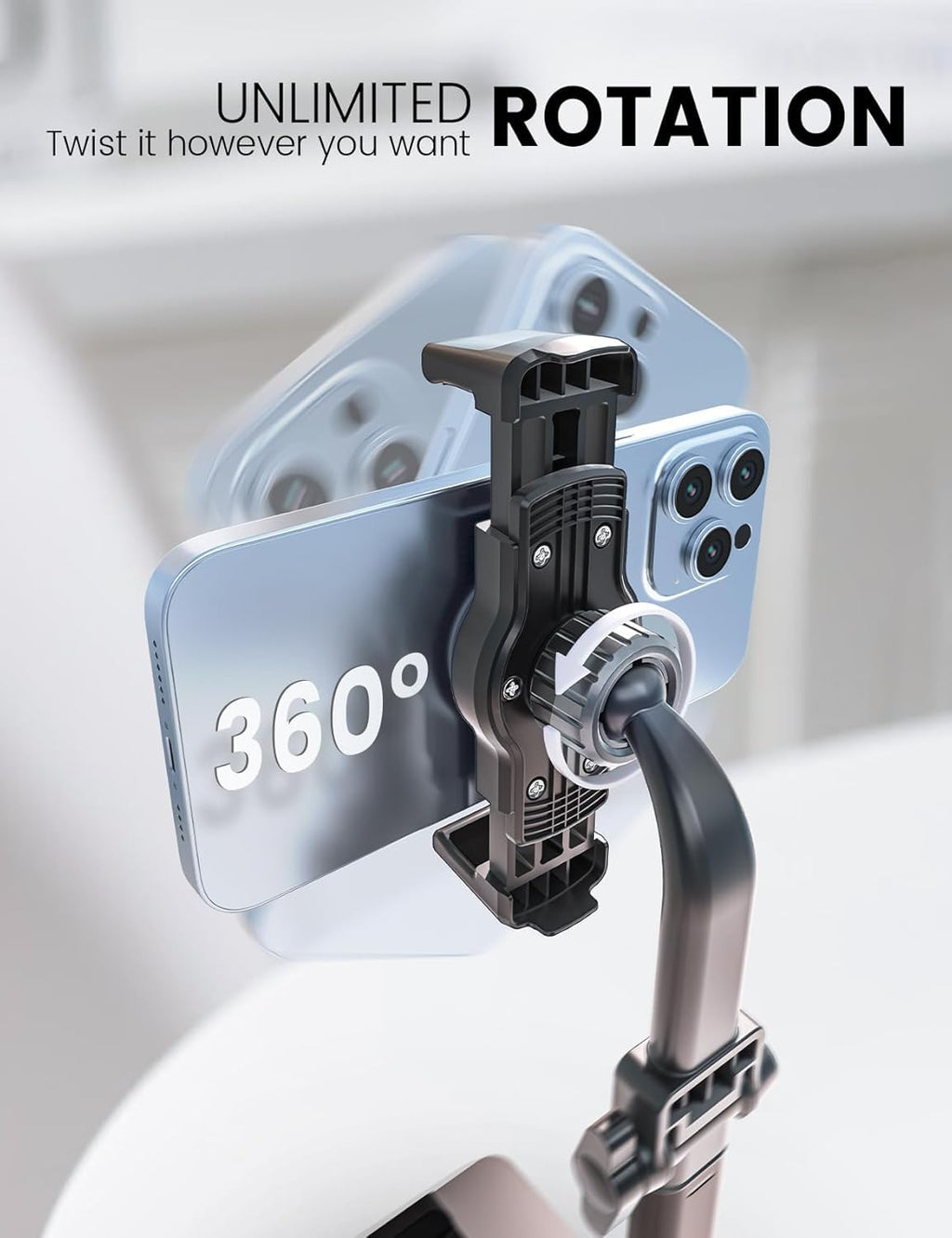 Phone holder with 360-degree rotation feature on a white background
