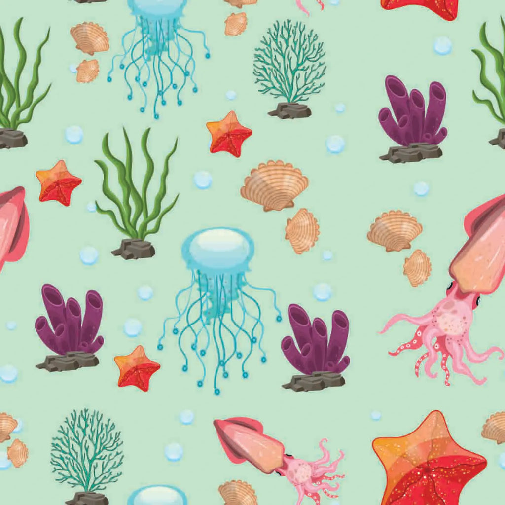 Colorful underwater pattern with jellyfish, starfish, and seaweed on a light green background.