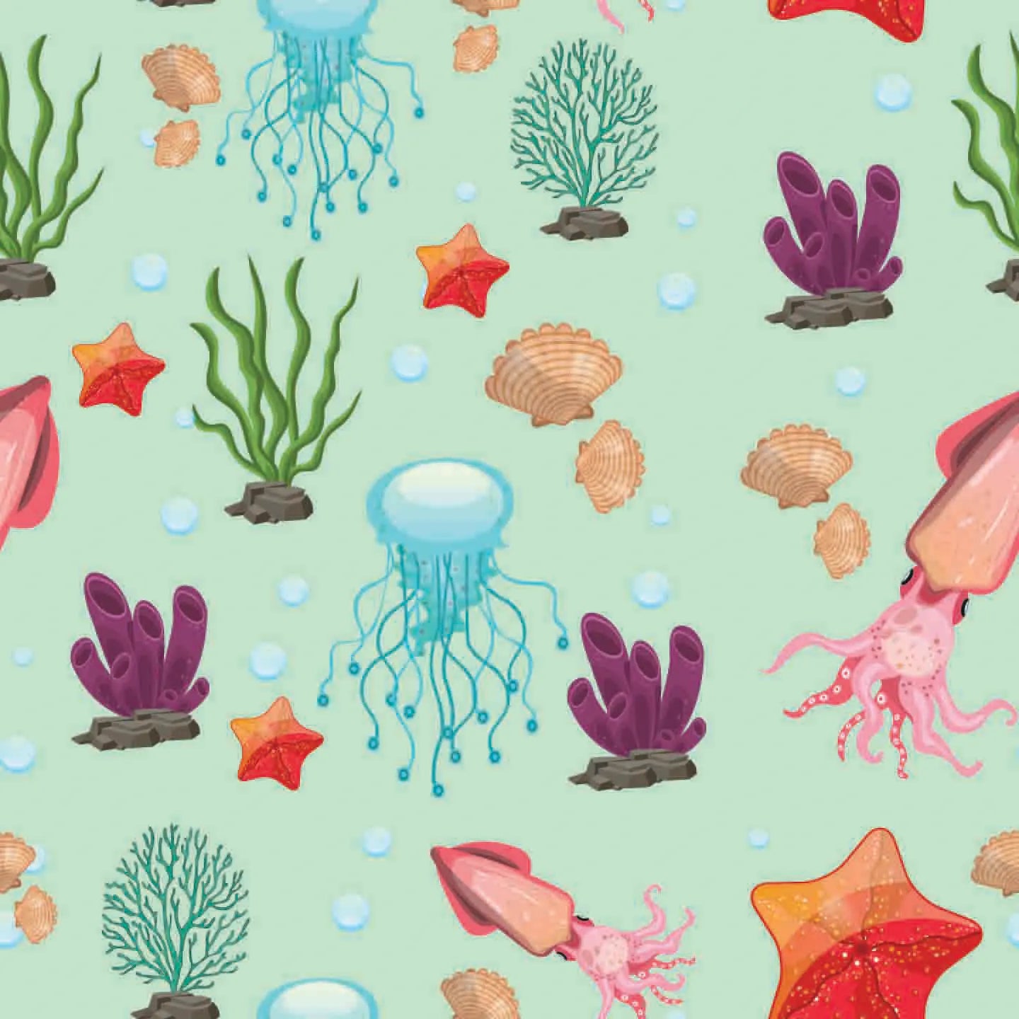 Colorful underwater pattern with jellyfish, starfish, and seaweed on a light green background.