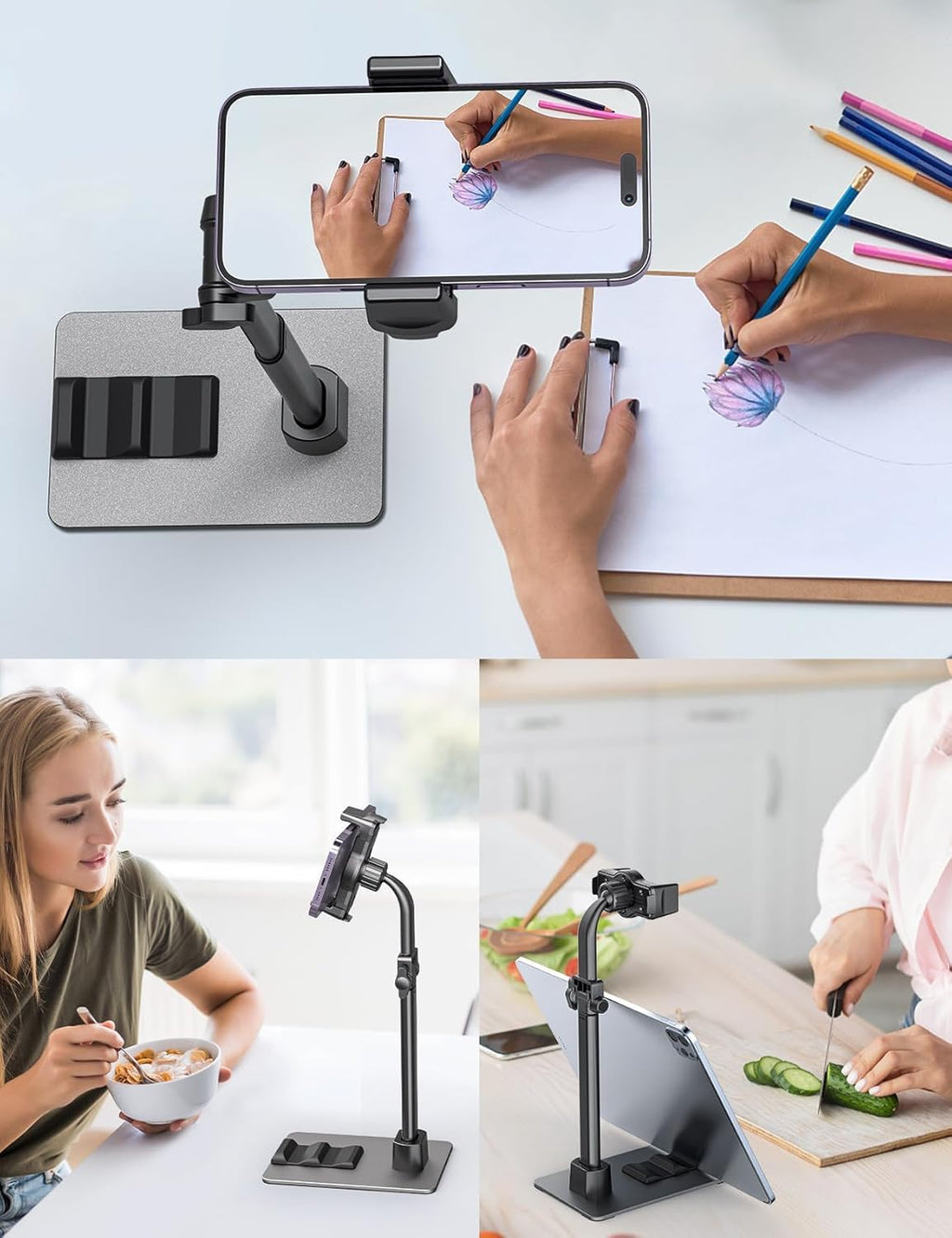 Tablet stand with adjustable arm used for drawing, eating, and cutting vegetables.