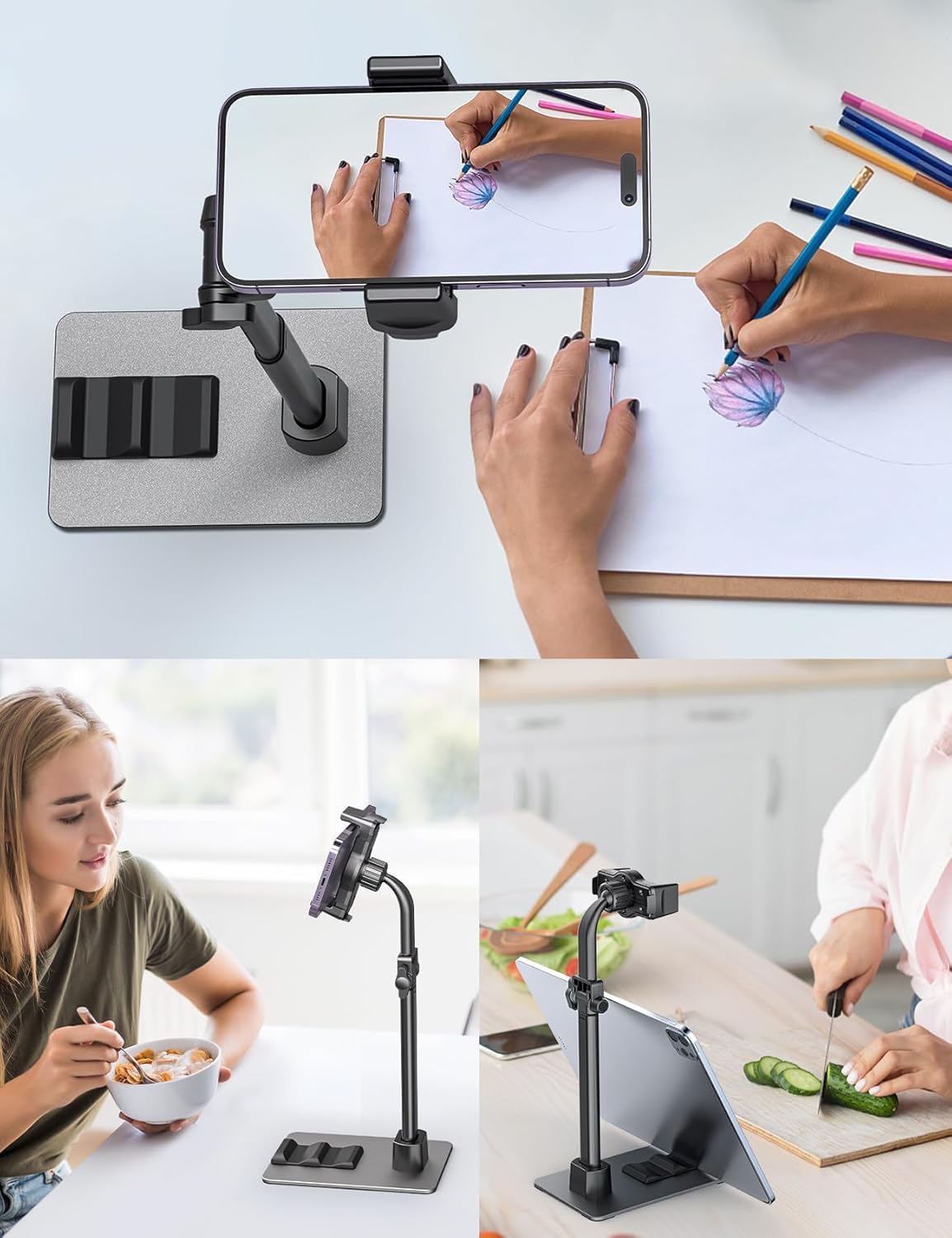 Tablet stand with adjustable arm used for drawing, eating, and cutting vegetables.