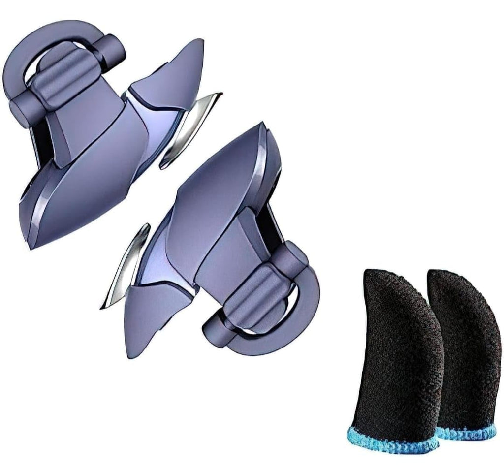 Two purple and silver tools with black gloves on a white background