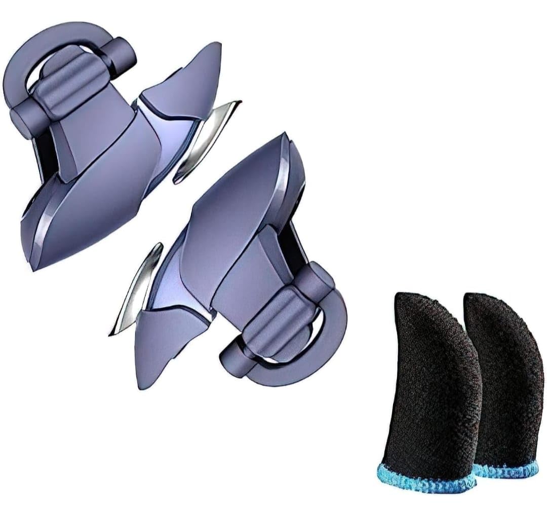 Two purple and silver tools with black gloves on a white background