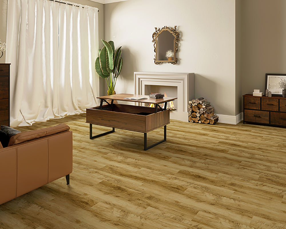 Living room with wooden flooring, a coffee table, and decorative elements.