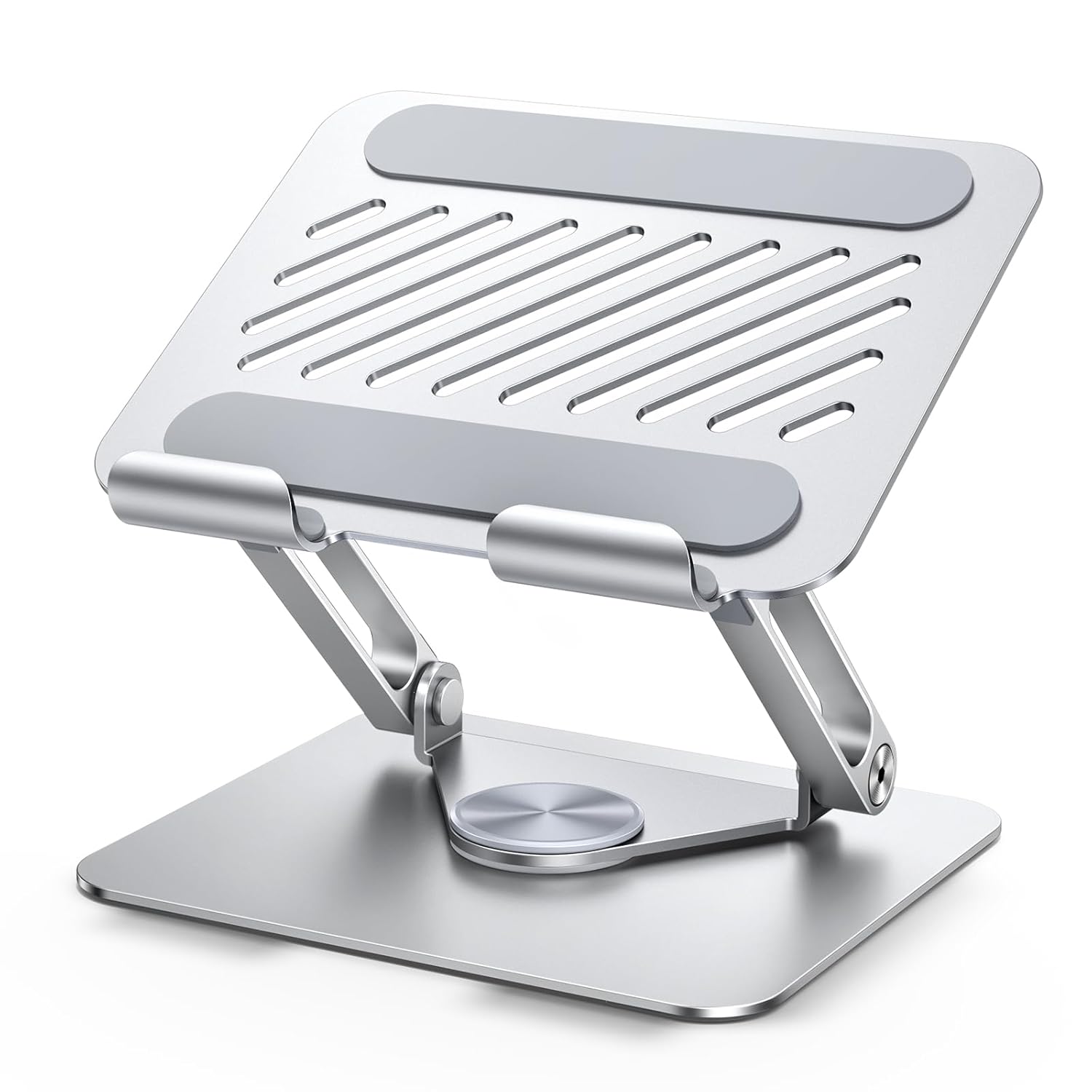 Silver adjustable laptop stand on a white background