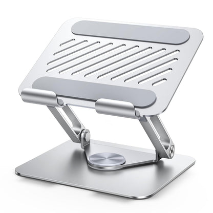 Silver adjustable laptop stand on a white background