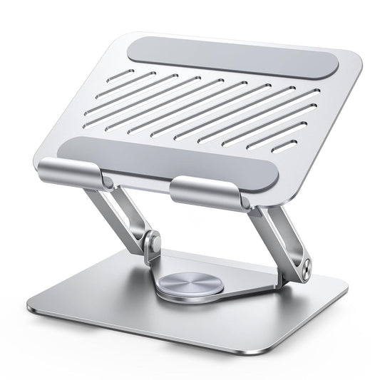 Silver adjustable laptop stand on a white background