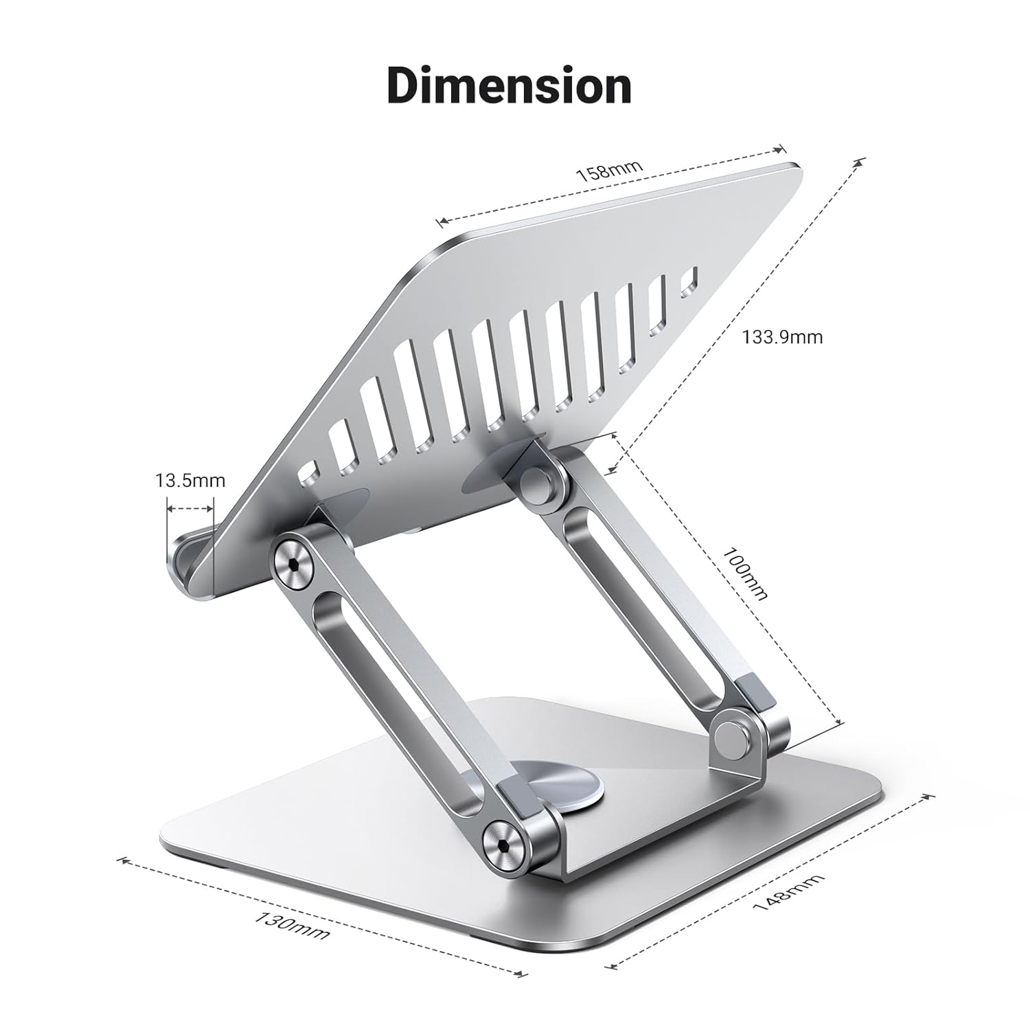 Silver laptop stand with dimensions labeled on a white background