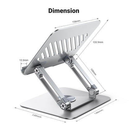 Silver laptop stand with dimensions labeled on a white background