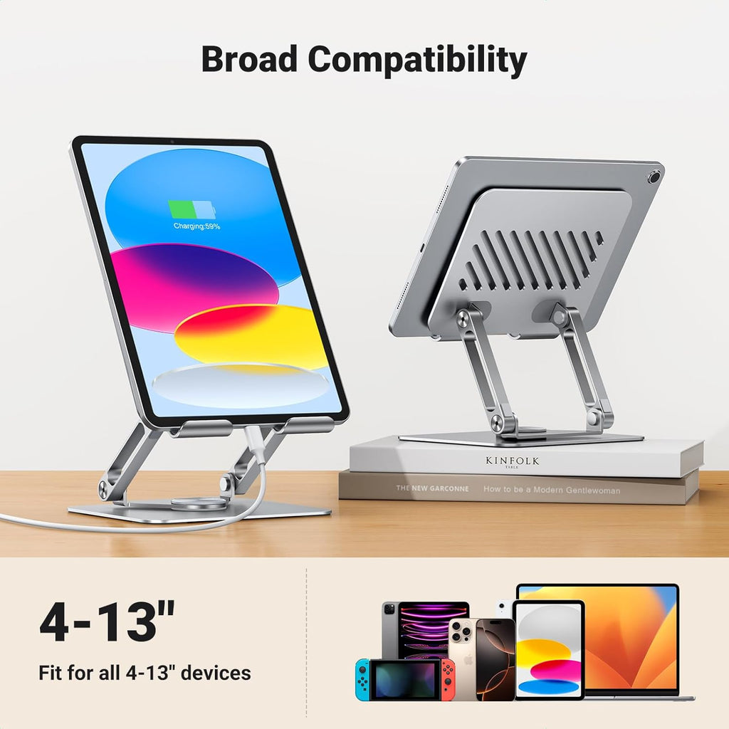 Tablet stand with compatibility for devices ranging from 4 to 13 inches on a white background.