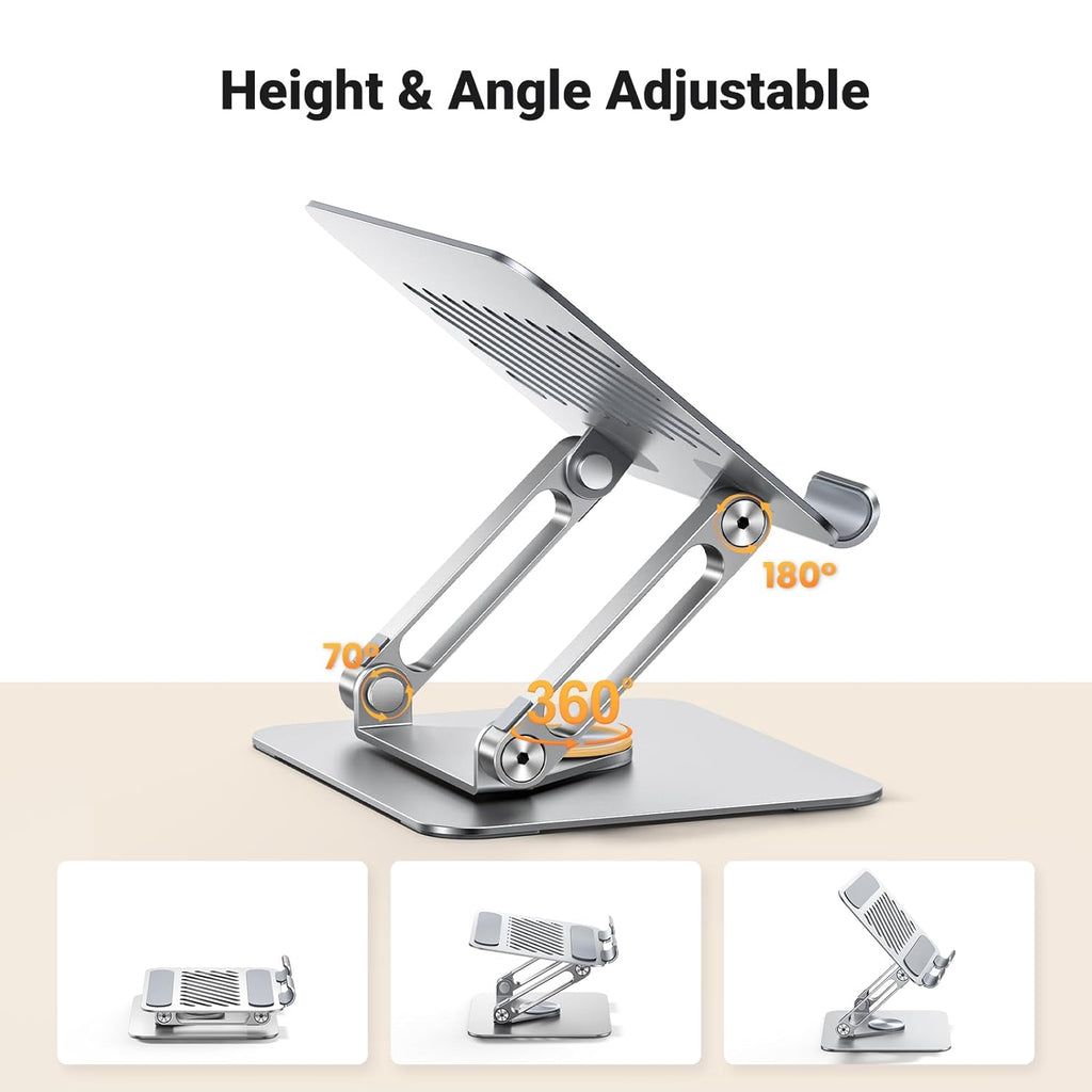 Height and angle adjustable laptop stand on a white background