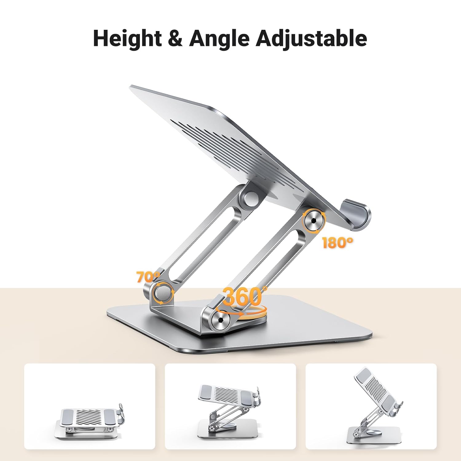 Height and angle adjustable laptop stand on a white background