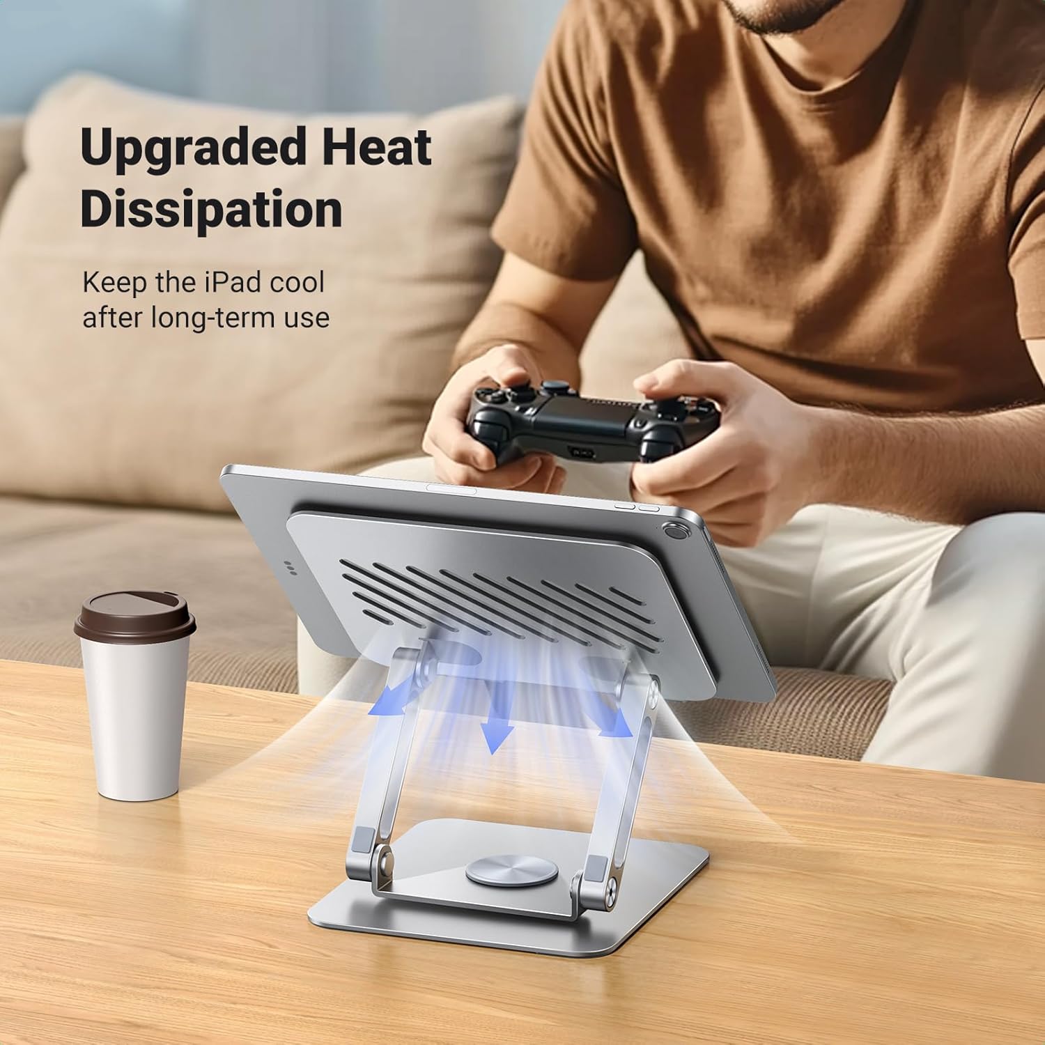 Person using a cooling pad for an iPad with text about upgraded heat dissipation.