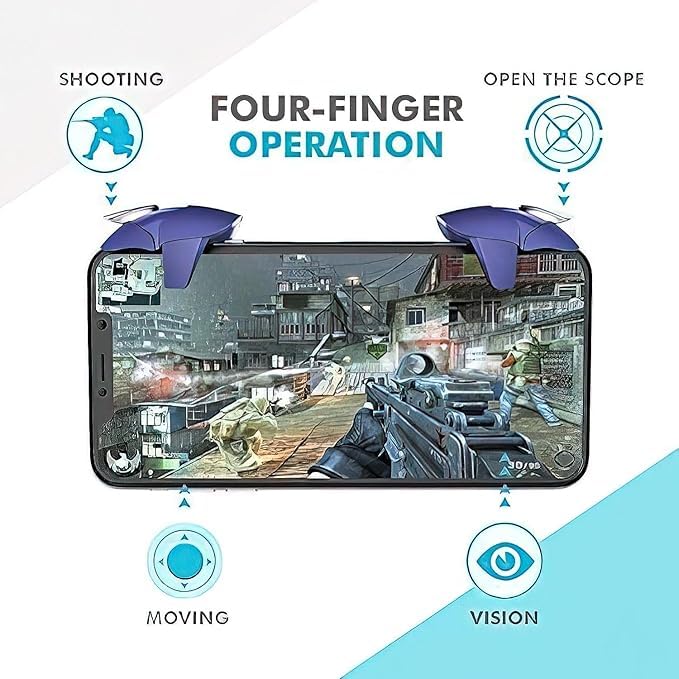 Phone with gaming controller attachments on a white background, showcasing four-finger operation for gaming.