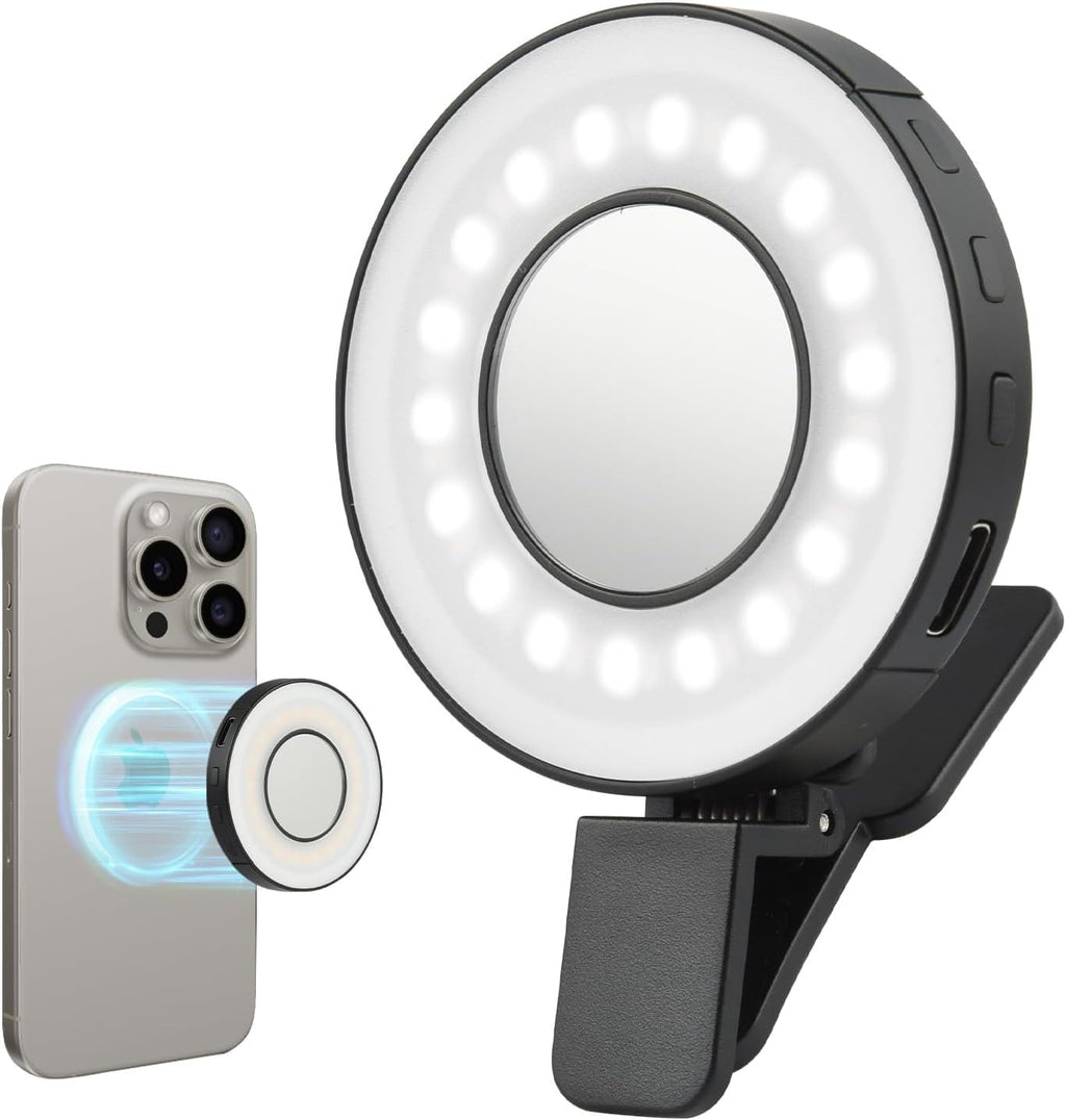 Ring light with smartphone clip on a white background