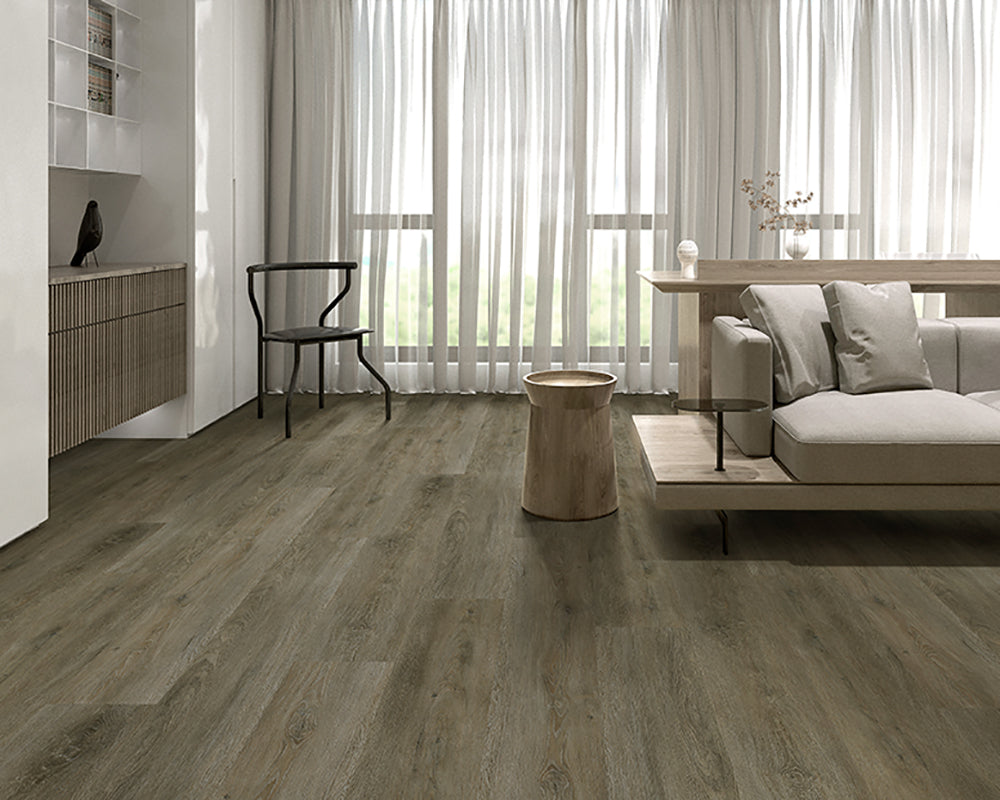 Modern living room with wooden flooring, sofa, and curtains.