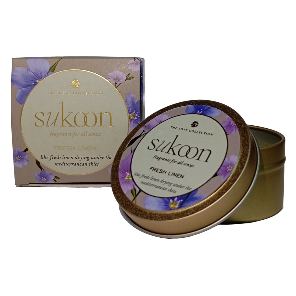 Sukoon Fresh Linen fragrance tin and packaging on a white background
