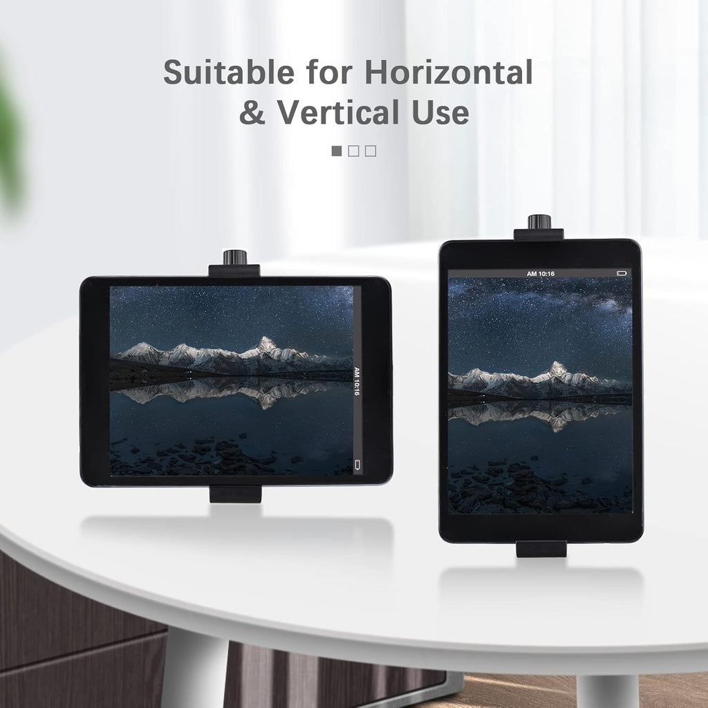 Two tablets on stands displaying a mountainous landscape, with text indicating suitability for horizontal and vertical use.