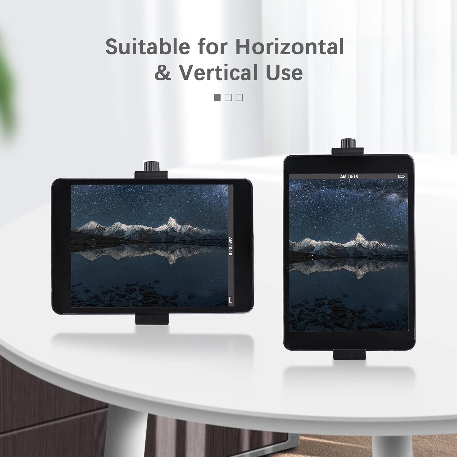 Two tablets on stands displaying a mountainous landscape, with text indicating suitability for horizontal and vertical use.