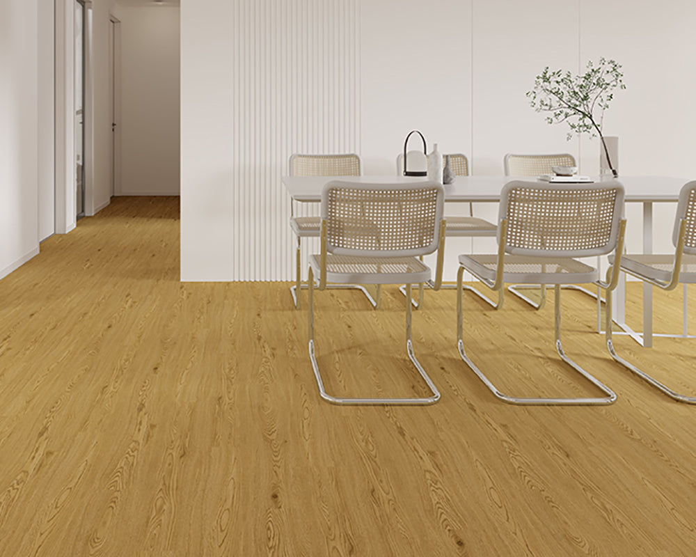 Dining area with wooden floor and modern chairs