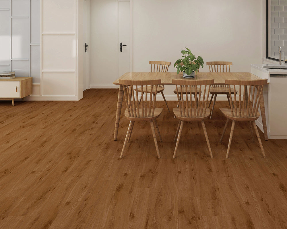 Dining area with wooden table and chairs on a wooden floor.