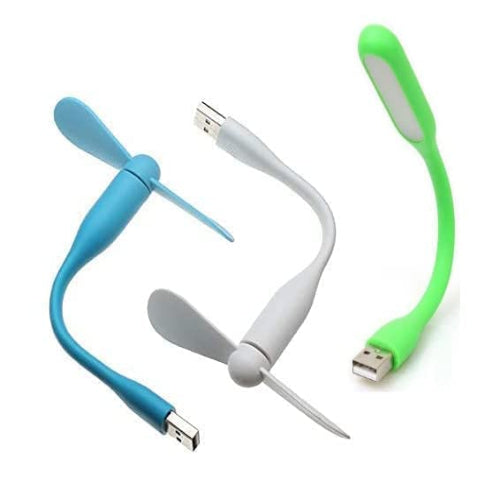 Three flexible USB fans with a LED light, in blue, white, and green colors, with a USB connector on one end and a flexible tube with a fan on the other.