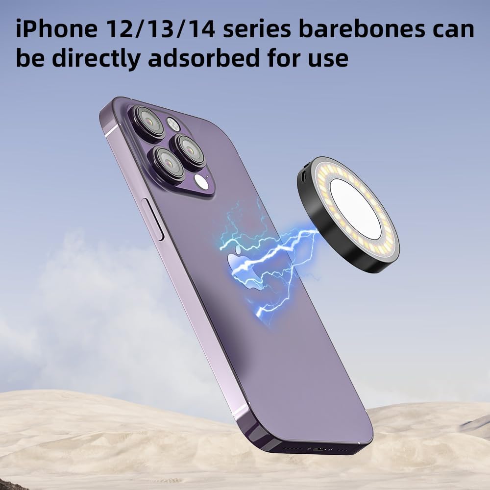 Smartphone with a purple case and a ring light attachment on a desert background