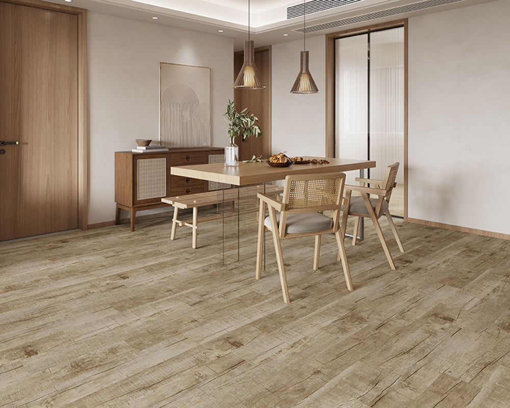 Modern dining room with wooden floor, table, chairs, and decor.